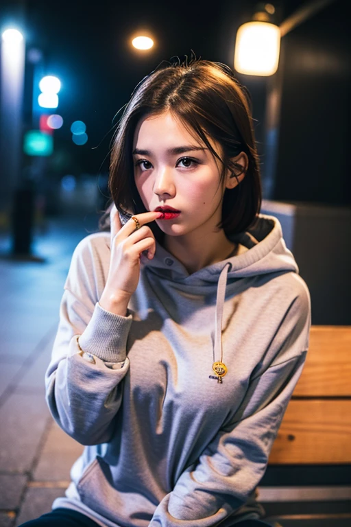 Sad theme , (best quality, masterpiece:1.2), 18yo beautiful  girl sitting on Bench, (puffed big breast,adore face) grey hoody , (Street lamp background:1.3), shoot the Sony a7,3.5 mm Lens, f 1.8 apature, lighting glow effect,no retouching,raw photo realistic, skin texture is very detail ,no makeup, ,atmosphere is moody, smoking girl,