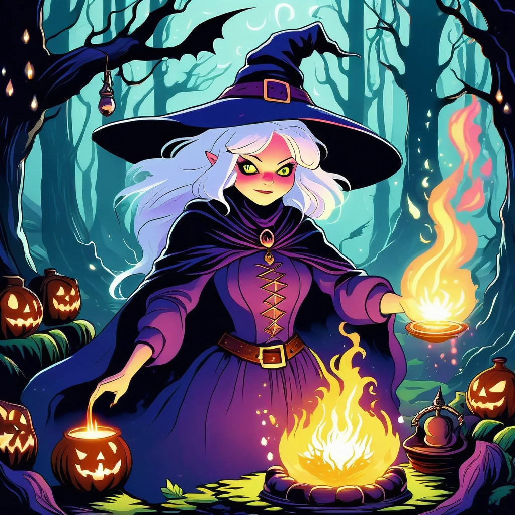 scary, short, little old white-haired witch in a dark forest, brewing a potion. The setting should evoke medieval dark fantasy, with the witch surrounded by mystical ingredients and illuminated by the glow of her cauldron."