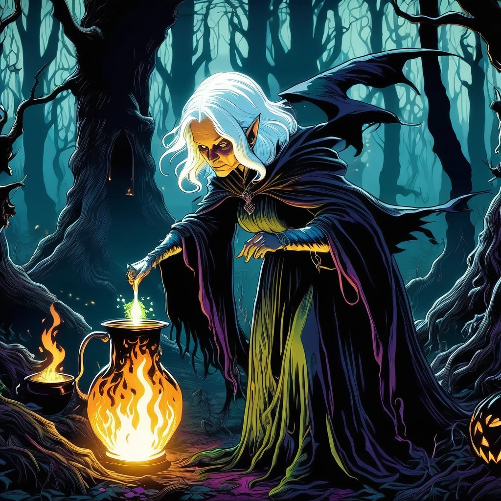 scary, short, little old white-haired witch in a dark forest, brewing a potion. The setting should evoke medieval dark fantasy, with the witch surrounded by mystical ingredients and illuminated by the glow of her cauldron."
