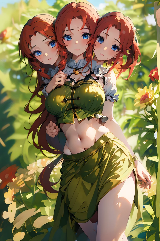 (masterpiece, best quality),best quality, (ultra-detailed), (3heads:1.5), 1girl, (ultra-detailed), (3heads:1.5), 1girl, (hong meiling:1.3), masterpiece, (best quality:1.5, highres, UHD), highres, absurdo, ultra detail, ultra quality, Ultra resolution, green top, crop top, ((stomach)), midriff, ((groin)), green skirt, miniskirt, normal ears, shackles, (red hair), very long hair, wavy hair, sidelocks, blue eyes, parted lips, midriff, sweat, cute, toned belly, hand on own chest, eyelashes, (24 year old woman:1.3), (masterpiece:1.5), (best quality:1.5), (beautiful detailed), extremely detailed CG, extremely delicate and beautiful, depth of field, (finely detailed face), (perfect details:1.2), (mature female:1.3), wide pelvis, slender, large veiny breast, 16k resolution, high quality, high definition, extremely detailed, masterpiece, (red hair), long hair, (same hair color), alluring presence, twin braid, short skirt, close up, very big tits, huge tits, young, striped, green beret, hair ornament, chinese clothes, star hat ornament, open belly, nsfw,