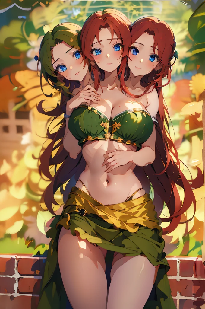 (masterpiece, best quality),best quality, (ultra-detailed), (3heads:1.5), 1girl, (ultra-detailed), (3heads:1.5), 1girl, (hong meiling:1.3), masterpiece, (best quality:1.5, highres, UHD), highres, absurdo, ultra detail, ultra quality, Ultra resolution, green top, crop top, ((stomach)), midriff, ((groin)), green skirt, miniskirt, normal ears, shackles, (red hair), very long hair, wavy hair, sidelocks, blue eyes, parted lips, midriff, sweat, cute, toned belly, hand on own chest, eyelashes, (24 year old woman:1.3), (masterpiece:1.5), (best quality:1.5), (beautiful detailed), extremely detailed CG, extremely delicate and beautiful, depth of field, (finely detailed face), (perfect details:1.2), (mature female:1.3), wide pelvis, slender, large veiny breast, 16k resolution, high quality, high definition, extremely detailed, masterpiece, (red hair), long hair, (same hair color), alluring presence, twin braid, short skirt, close up, very big tits, huge tits, young, striped, green beret, hair ornament, chinese clothes, star hat ornament, open belly, nsfw,