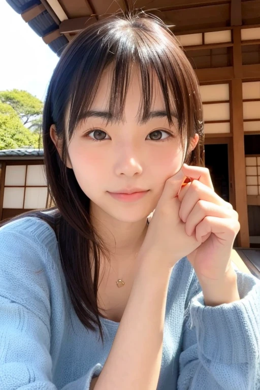 A cute 22-year-old Japanese woman kissing while looking at the camera