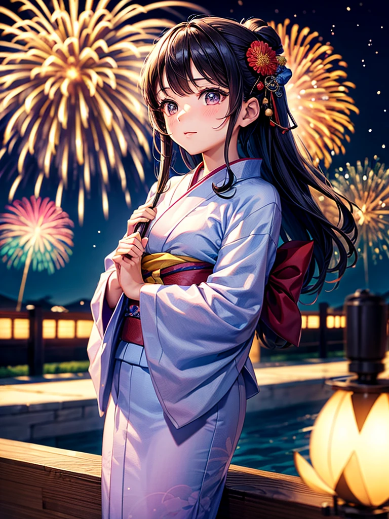 Highest quality,Highest Resolution,A beautiful girl in a yukata looking up at fireworks,