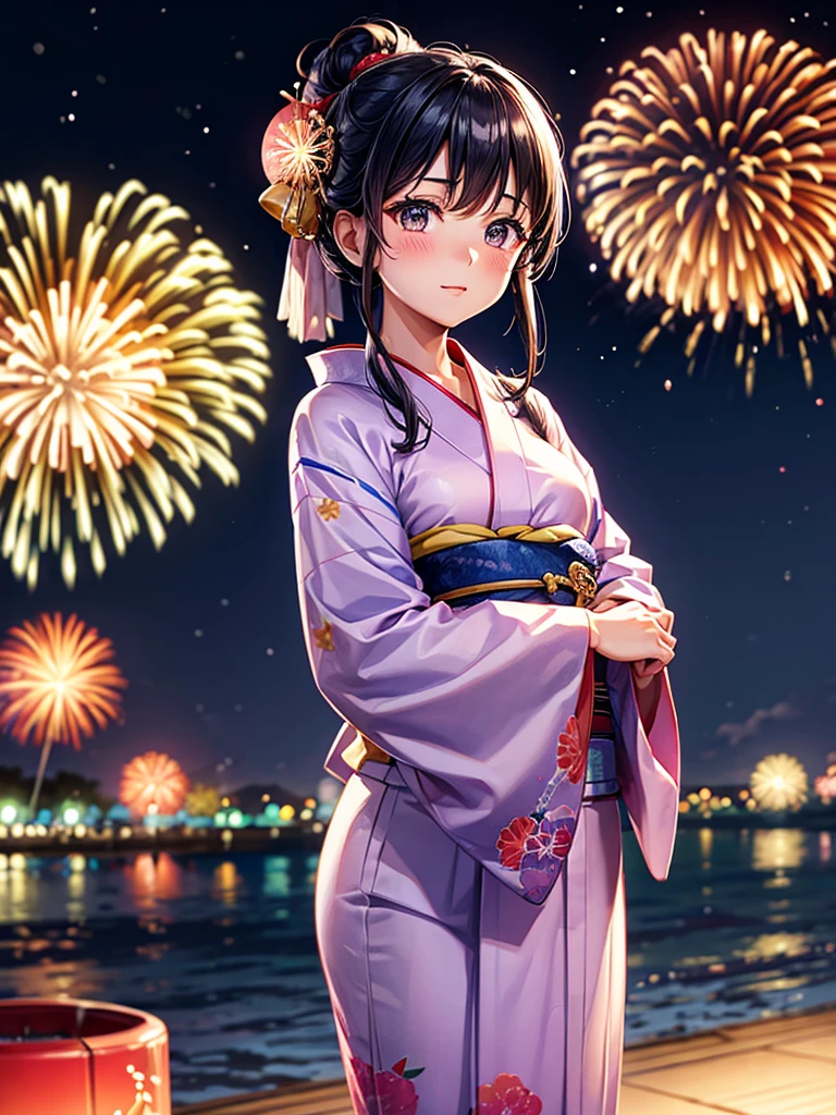 Highest quality,Highest Resolution,A beautiful girl in a yukata looking up at fireworks,