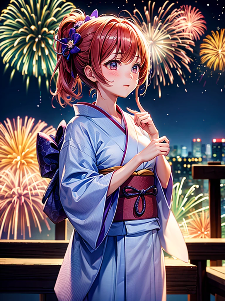Highest quality,Highest Resolution,A beautiful girl in a yukata looking up at fireworks,