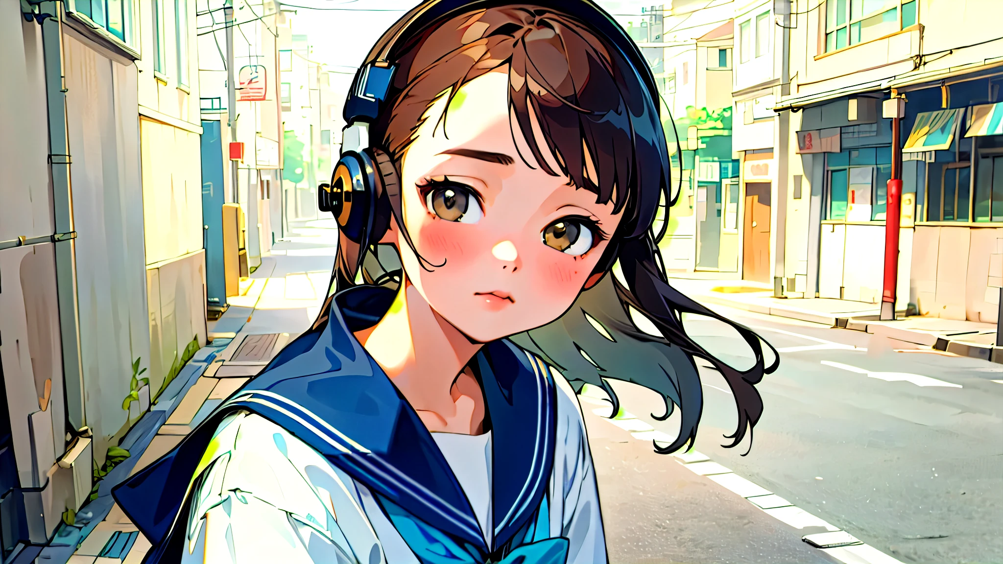 (Highest quality, masterpiece, Ultra-realistic), Beautiful and delicate１５Year-old girl portrait, With a calm and gentle expression, The background is a quiet street in the evening.。While listening to music with headphones、Looking at me。Sailor suit