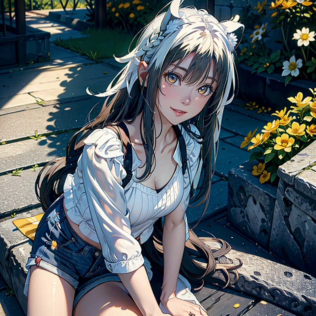 Girl with dog ears and tail, erect ears, honey yellow eyes, Highly detailed eyes, long hair and(((( White)))) with a small braid on the sides, denim shorts, translucent and low-cut blouse, whole body, looking up, open mouth smile, big chest, beautiful body, detailed face y con amplia gama de gestos, sitting on a bench around a garden with flowers of various colors, detailed background, detailed face, Play of light and shadows, cinematographic, high quality, 8k, Masterpiece, 