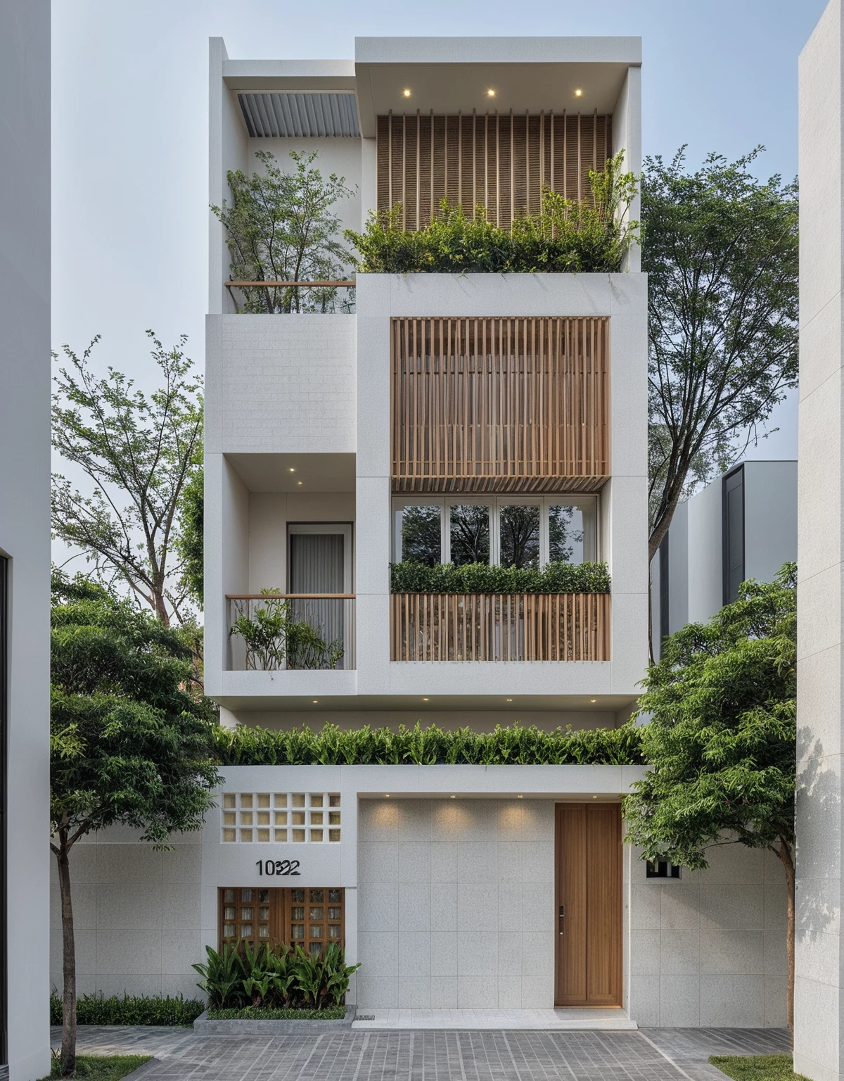 RAW photo, a photo of a modern house, (curvilinear chrchitecture:1.4), Wabisabi style rounded wall, brown wood, sidewalk, sidewalk trees, ((grey gate:1.2)), road, viet nam modern residence, ((architectural shot)), rough white wall, new residential area, wide angle exterior 2022, contemporary house, exterior photography, masterpiece, contemporary architecture, overcast, indirect lighting