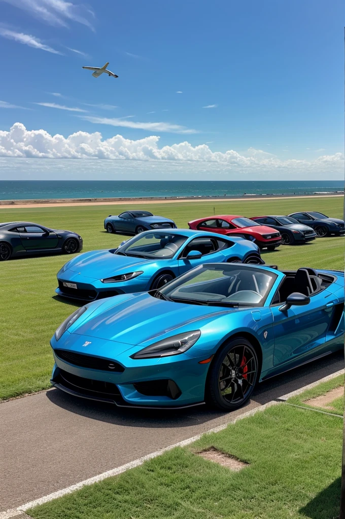 Many sports cars parked in a line • There is an ocean behind the cars in a big field Birds are flying in the sky
