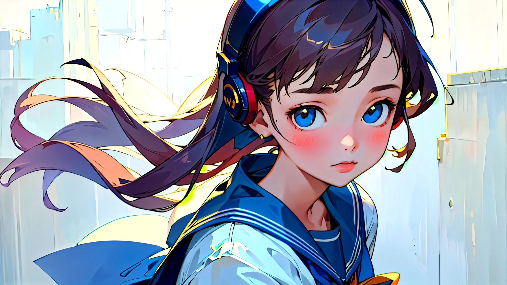 (Highest quality, masterpiece, Ultra-realistic), Beautiful and delicate15Year-old girl portrait, With a calm and gentle expression, The background is a quiet street in the evening.。While listening to music with headphones、Looking at me。Sailor suit