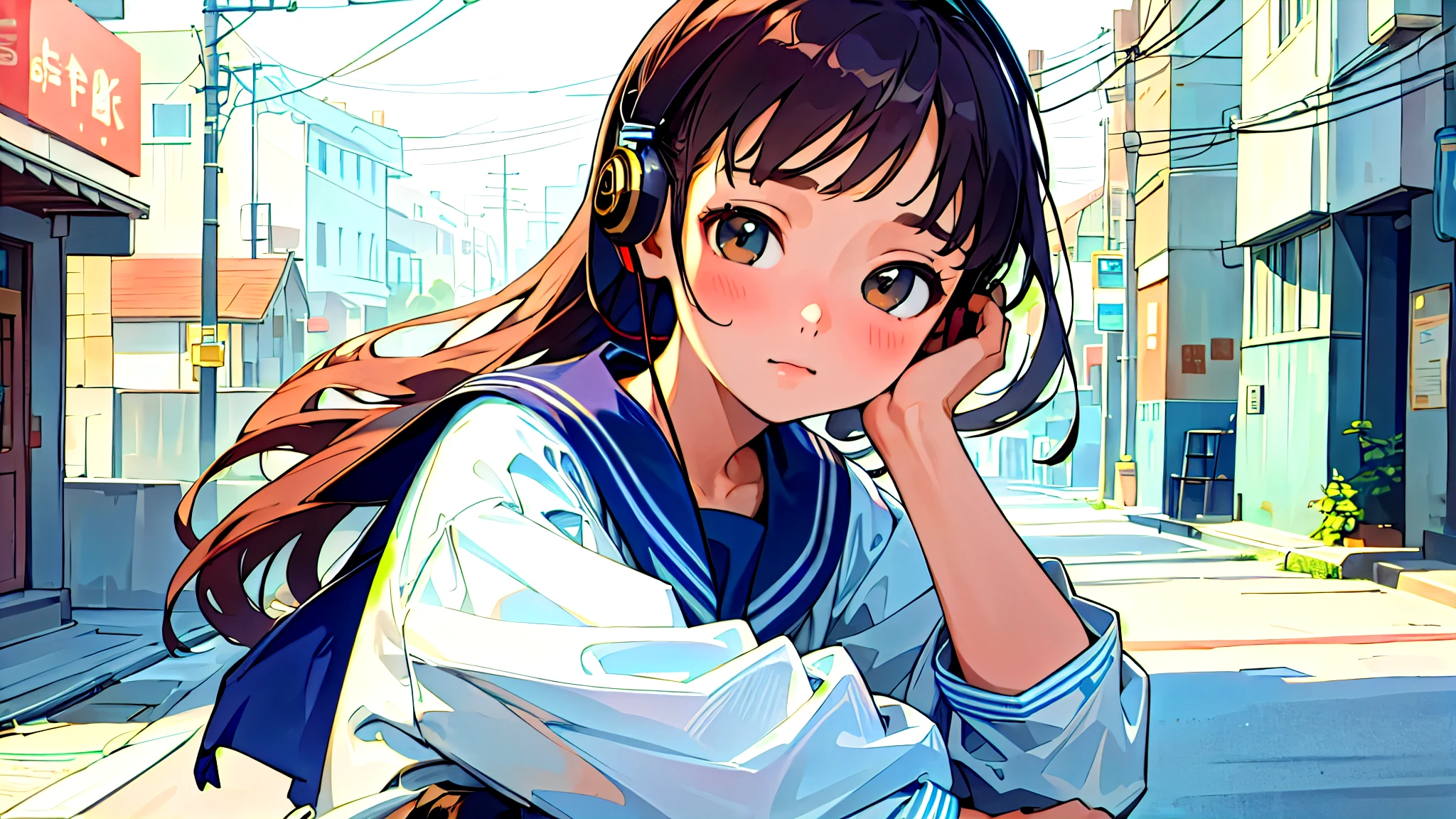 (Highest quality, masterpiece, Ultra-realistic), Beautiful and delicate１５Year-old girl portrait, With a calm and gentle expression, The background is a quiet street in the evening.。While listening to music with headphones、Looking at me。Sailor suit