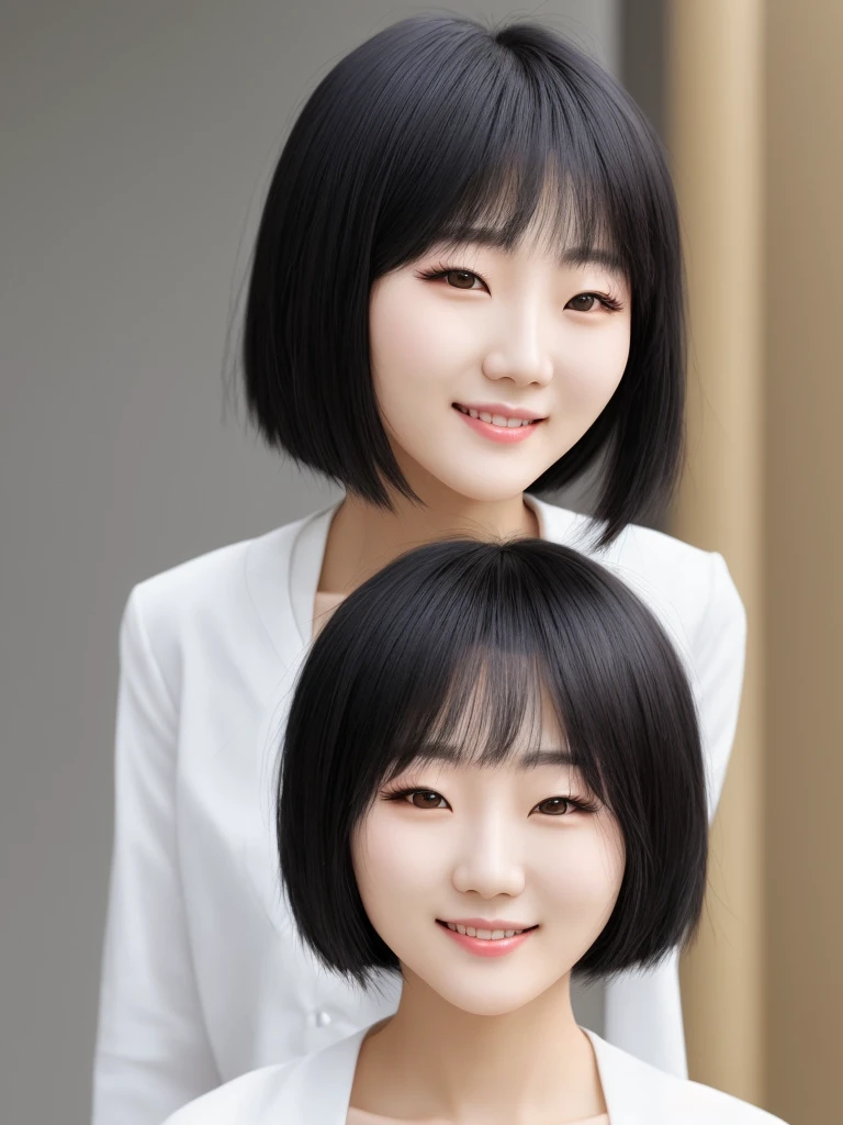 A korean woman. White skin. Smile. Black hair. Close one eyes. 