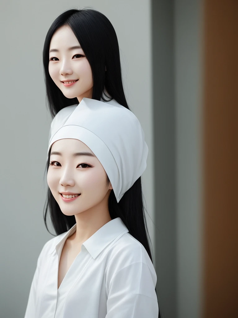 A korean woman. White skin. Smile. Black hair. Close one eyes.