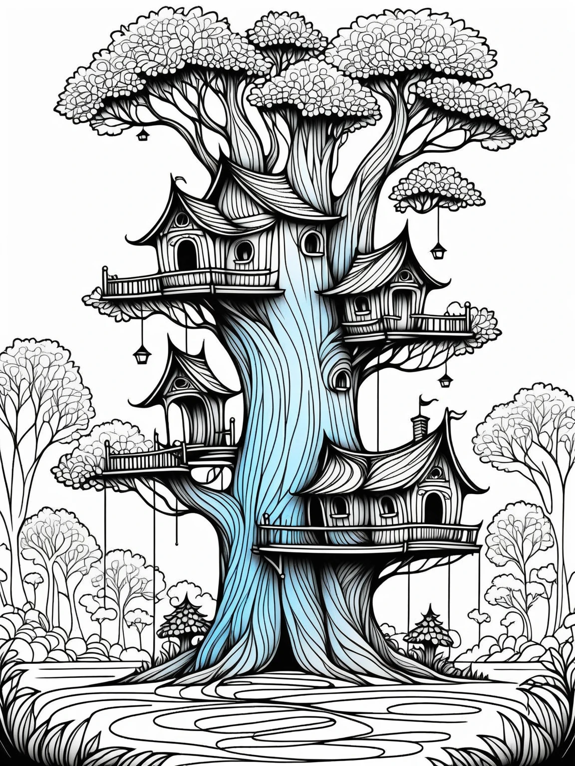 Whimsical tree house village, line art, black and white, intricate details, coloring book page, fantasy forest setting, black and white illustration, coloring book style, white background, detailed pen drawing, high contrast, clean lines, suitable for coloring, vector-like, easy to color