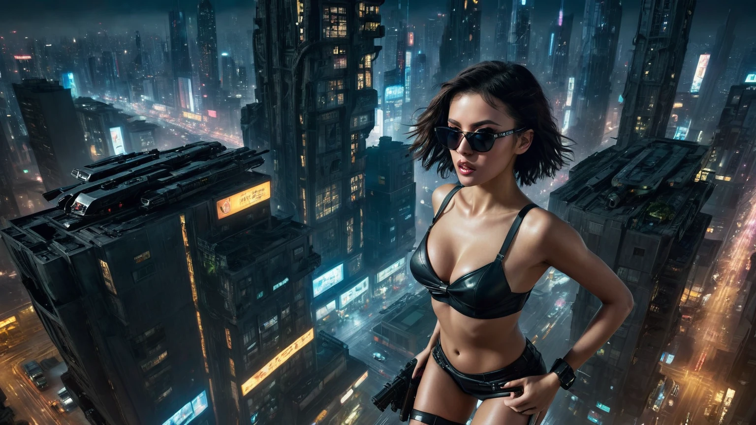 (((((aerial view))))), image of blade runner, tyrell corporation building, adjacent streets and ship tracks - (((((cars flying, drone))))), in a cyberpunk and futuristic environment, masterpiece, intricate details of the machine, 8k. Matrix style, (((((Matrix cascading code))))), (((((a futuristic twin tower skyscraper with a unique twisted design))))), (((((OLED GUI interfaces in the building))))), at night, (((((1girl, solo))))), photo realistic, (((medium-breast:1.3 slim body, cleavage))), (((sling top, extreamly short pleated miniskirt exposing panty))), (((((running pose))))), (((((matrix style black sunglasses))))), ((((((((((aiming with a short gun)))))))))), (((((looking at camera))))), (((very low view))), (((((half-body thigh level medium shot))))), (((cinematic lighting))).