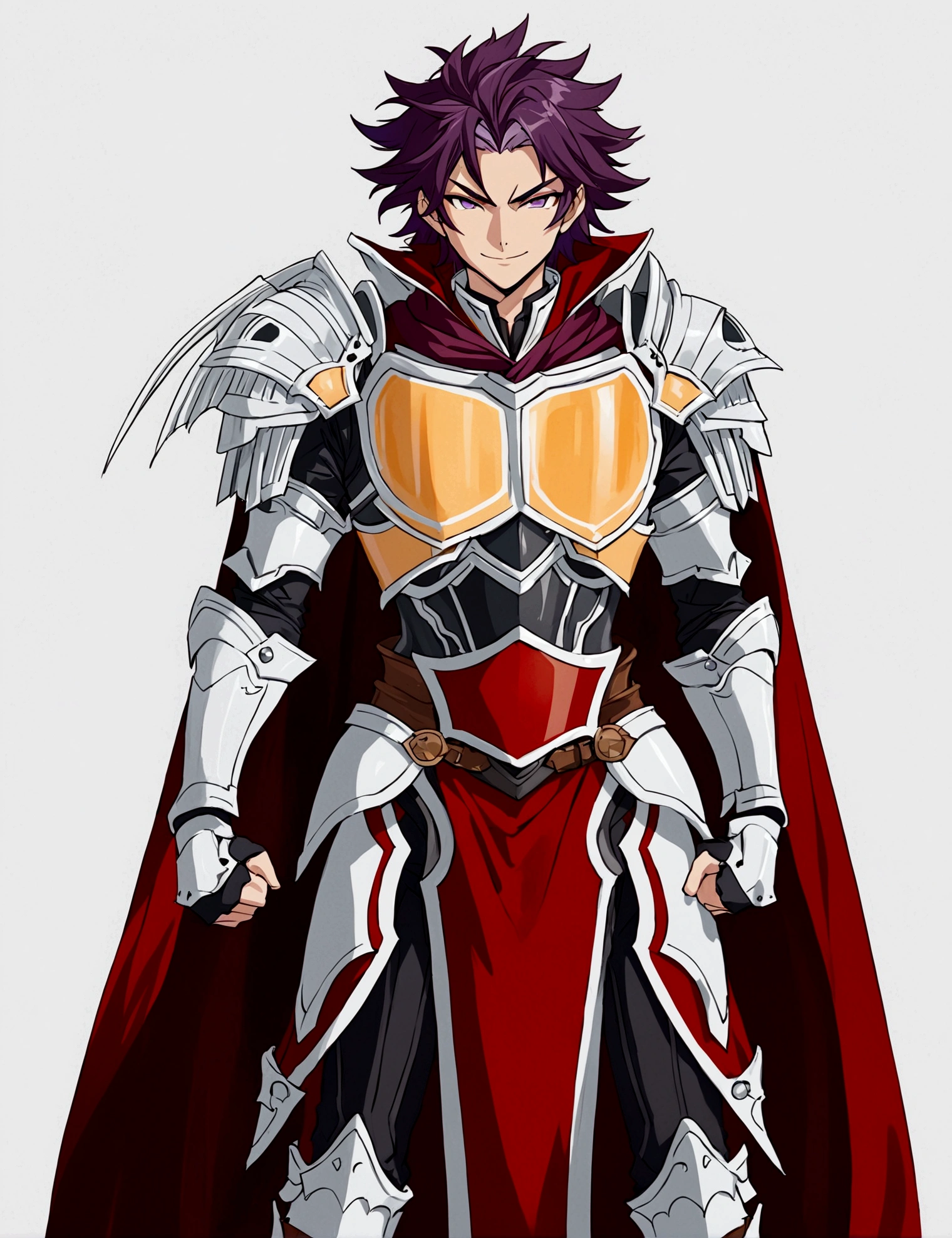 solo, looking at viewer, smile, simple background, 1boy, white background, standing, purple hair, male focus, grey background, cape, armor, shoulder armor, pelvic curtain, clenched hands, pauldrons, red cape