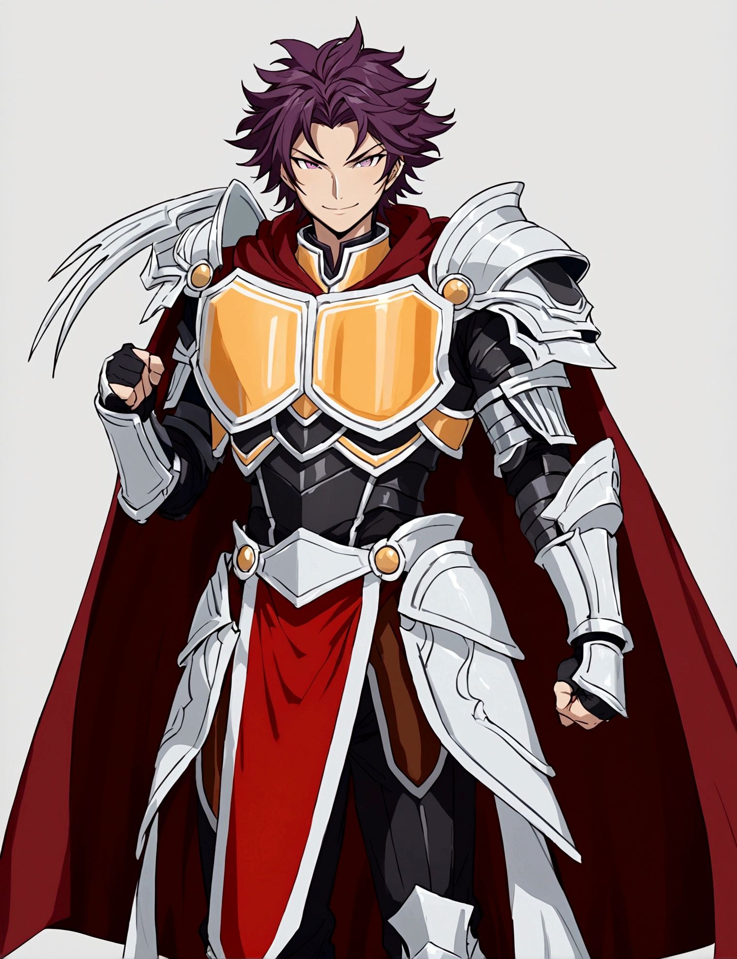 solo, looking at viewer, smile, simple background, 1boy, white background, standing, purple hair, male focus, grey background, cape, armor, shoulder armor, pelvic curtain, clenched hands, pauldrons, red cape
