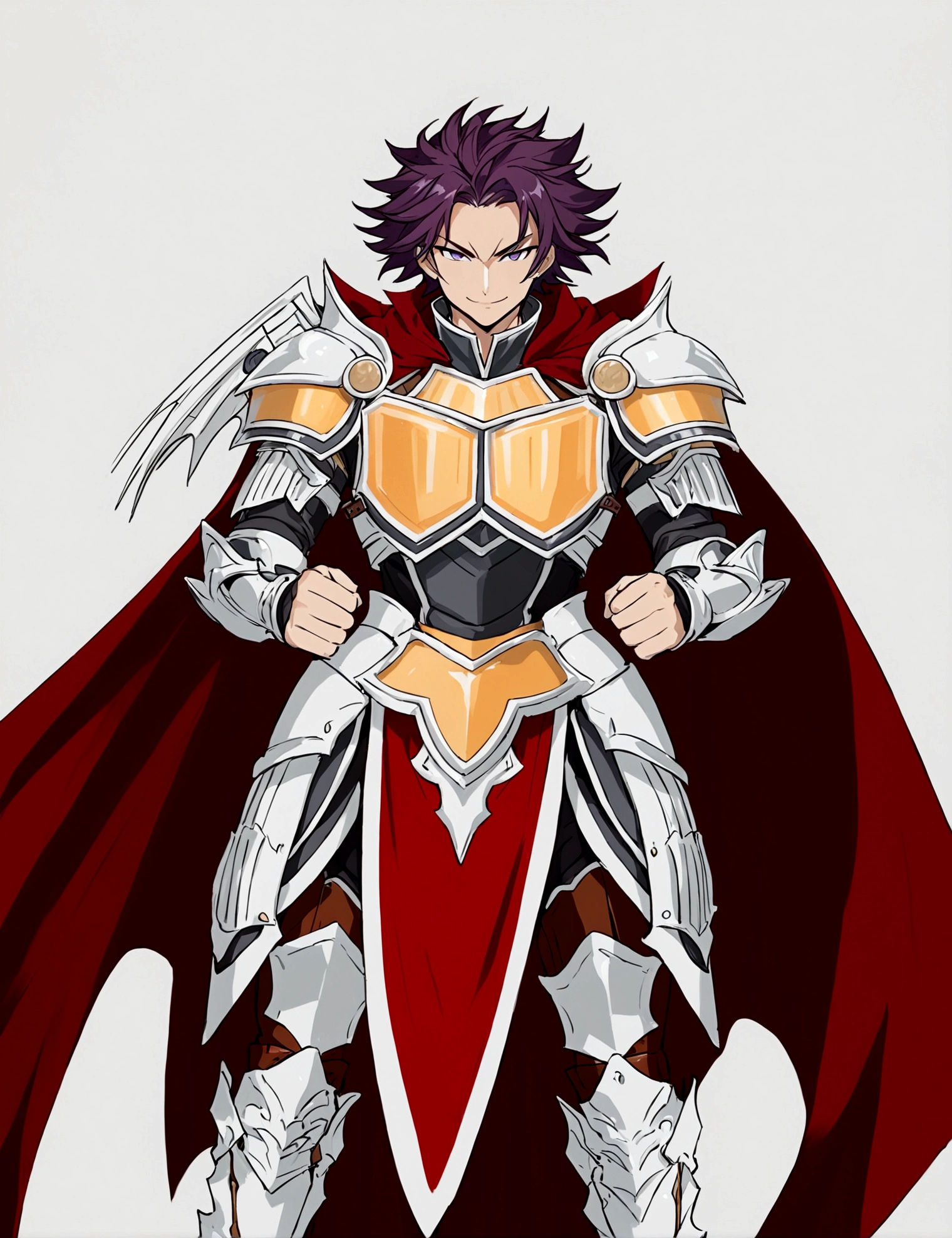 solo, looking at viewer, smile, simple background, 1boy, white background, standing, purple hair, male focus, grey background, cape, armor, shoulder armor, pelvic curtain, clenched hands, pauldrons, red cape