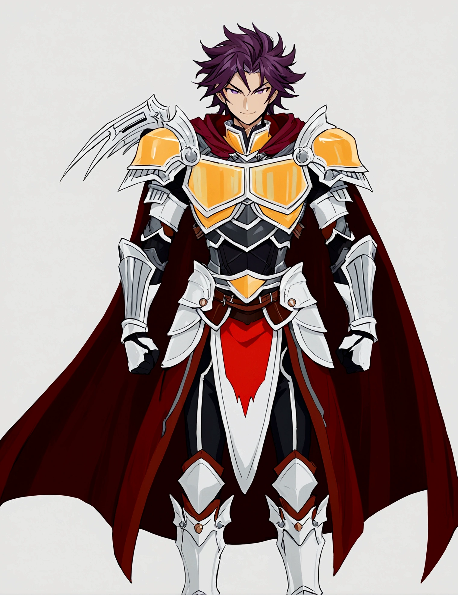 solo, looking at viewer, smile, simple background, 1boy, white background, standing, purple hair, male focus, grey background, cape, armor, shoulder armor, pelvic curtain, clenched hands, pauldrons, red cape