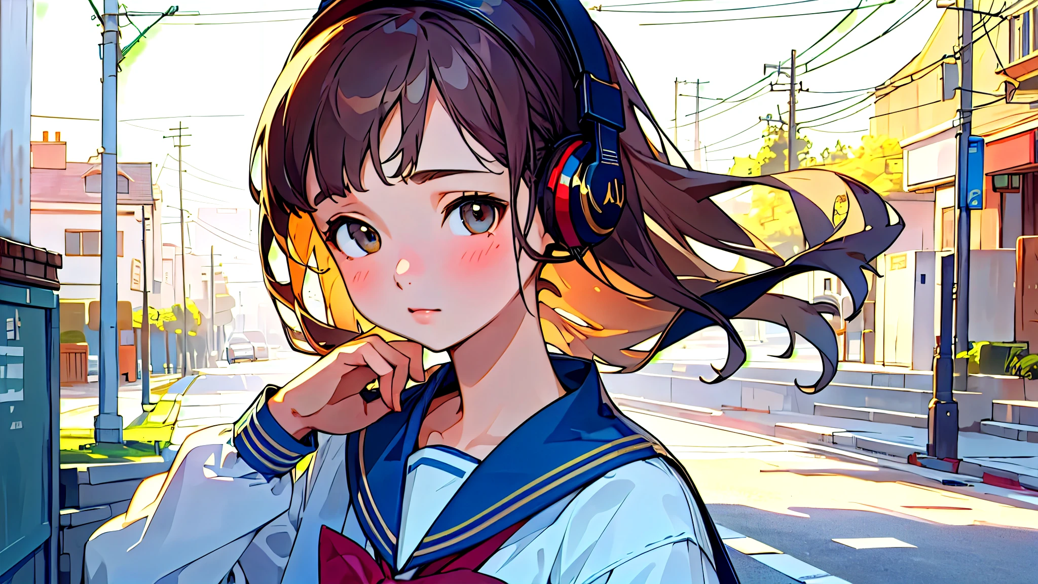 (Highest quality, masterpiece, Ultra-realistic), Beautiful and delicate15Year-old girl portrait, With a calm and gentle expression, The background is a quiet street in the evening.。While listening to music with headphones、Looking at me。Sailor suit