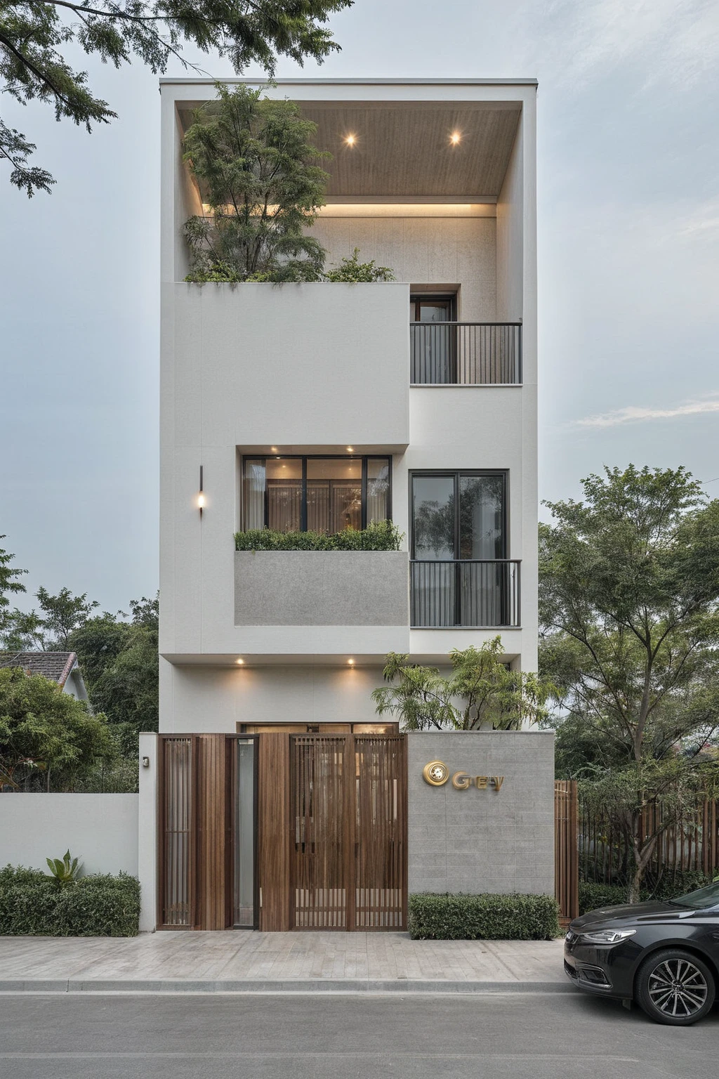 RAW photo, a photo of a modern house, (curvilinear chrchitecture:1.4), Wabisabi style rounded wall, brown wood, sidewalk, sidewalk trees, ((grey gate:1.2)), road, viet nam modern residence, ((architectural shot)), rough white wall, new residential area, wide angle exterior 2022, contemporary house, exterior photography, masterpiece, contemporary architecture, overcast, indirect lighting