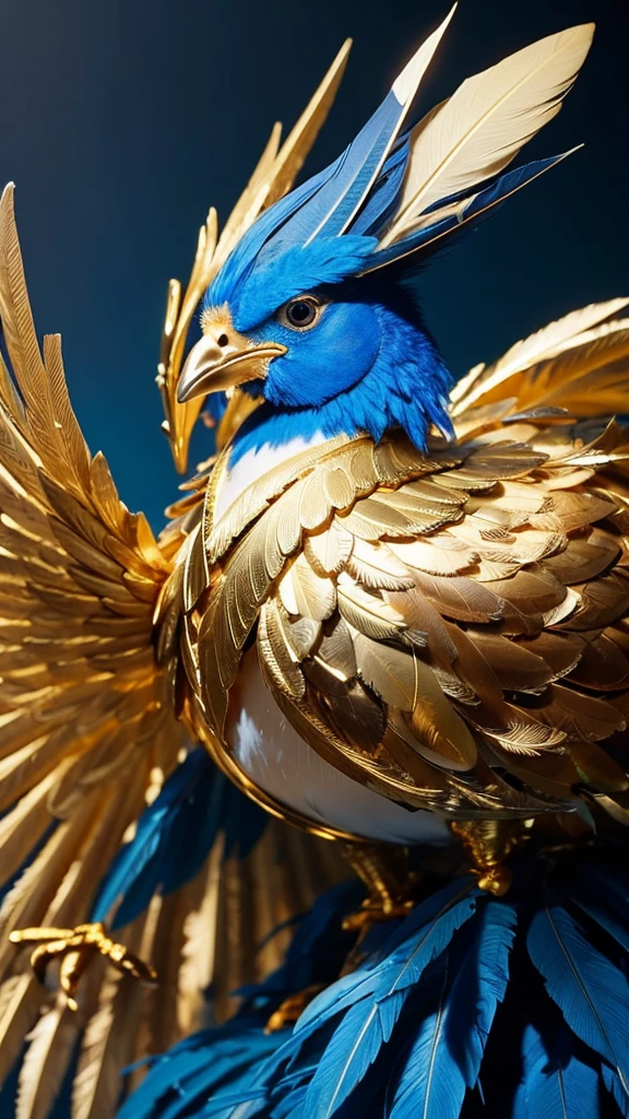 Chicken, feathers, gold, crested: blue, flesh drooping, blue, shot from right angle, menacing, 3 gold eggs
