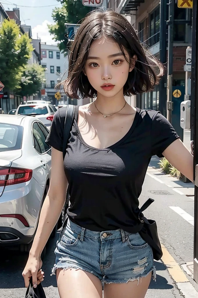 A girl in very short shorts on the street with a black top