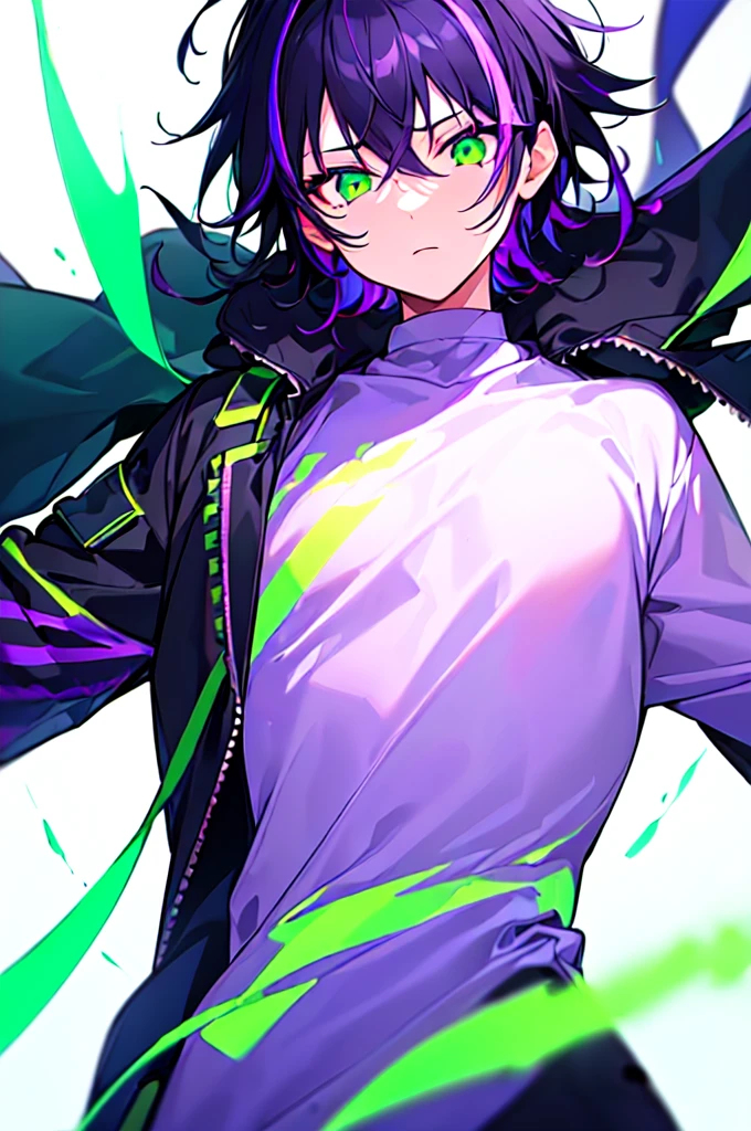 [(WHITE BACKGROUND:1.5),::5], ((((masterpiece)))), high quality, ultra very high resolution, full color, (((solo))), (()), black hair, ((purple streaked hair)), (green eyes), anime, ((upper body)), neon light, black parka, (green flame effect:1.2)