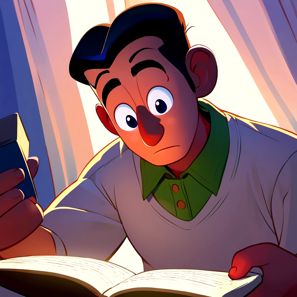 a man reading a book, ::pixar style cartoon