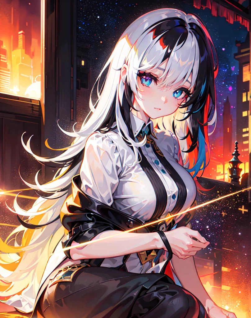 {{masterpiece}}, best quality, extremely detailed CG unity 8k wallpaper, cinematic lighting, lens flare, beautiful detail eyes, black,  side glance,  multicolor hair, colorful light, particles, heterochromia, (colorful:1.5), (colorful hair:1.5), 