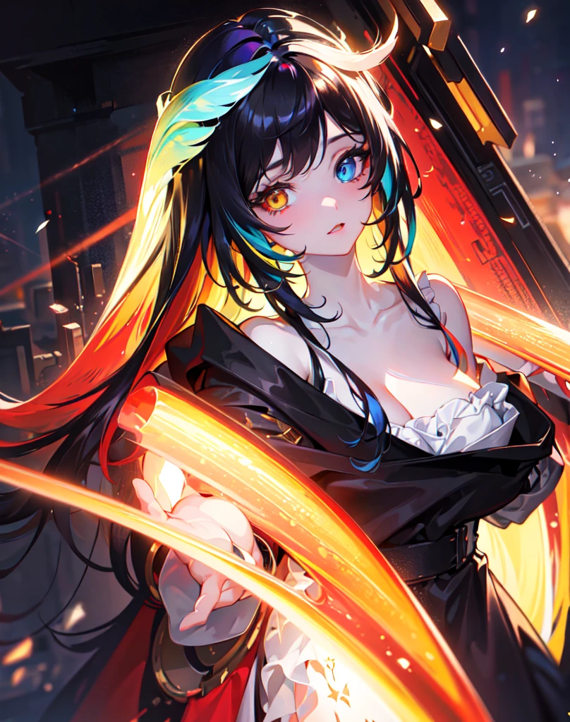 {{masterpiece}}, best quality, extremely detailed CG unity 8k wallpaper, cinematic lighting, lens flare, beautiful detail eyes, black,  side glance,  multicolor hair, colorful light, particles, heterochromia, (colorful:1.5), (colorful hair:1.5), 