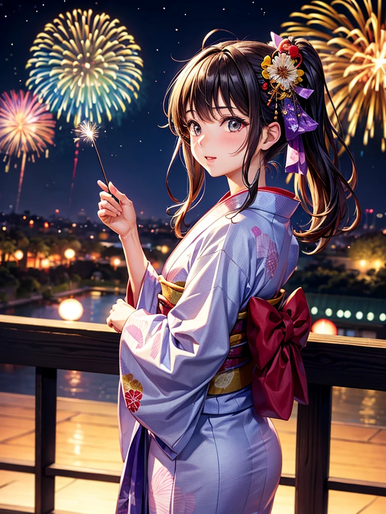 Highest quality,Highest Resolution,A beautiful girl in a yukata looking up at fireworks,