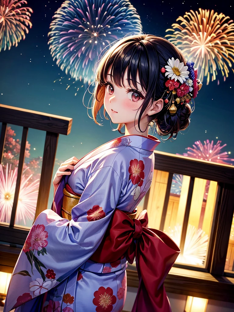 Highest quality,Highest Resolution,A beautiful girl in a yukata looking up at fireworks,