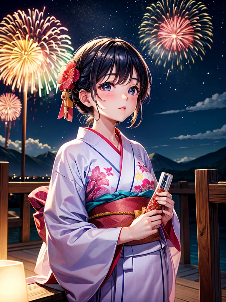 Highest quality,Highest Resolution,A beautiful girl in a yukata looking up at fireworks,