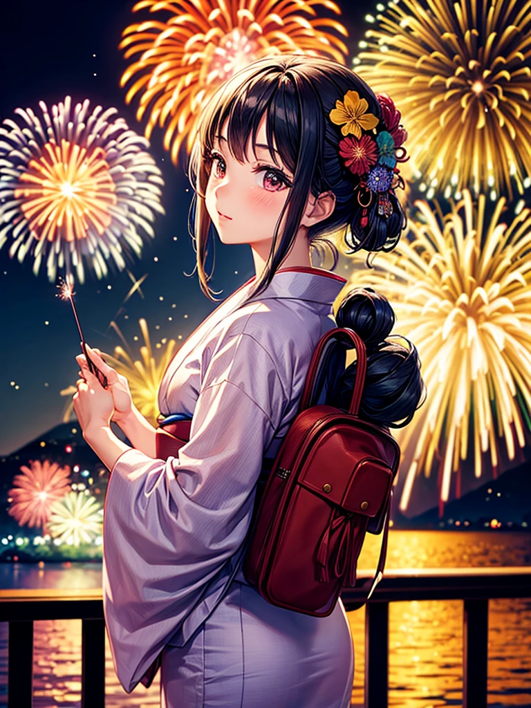 Highest quality,Highest Resolution,A beautiful girl in a yukata looking up at fireworks,
