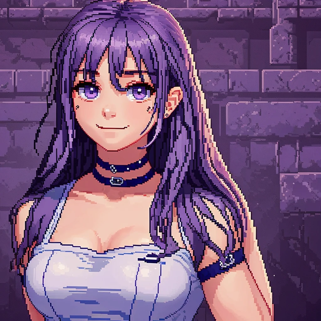 ( pixel art,:1.56), abigail from stardew valley, pixelated upper body sprite portrait from the shoulders up, pale mucular goth girl, (purple hair:1.2), enormous muscles, deltoid muscle, muscular trapezius muscle, muscular chest, abigail from stardew valley with muscle, abigail muscle mod, goth girl clothing, black chocker accesory, cute goth girl, cute smile, abigail stardew valley smile, big cute eyes, harmless eyes, reassuring eyes, pink blush, pixelated sprite, best quality, simple color palette, perfect anatomy