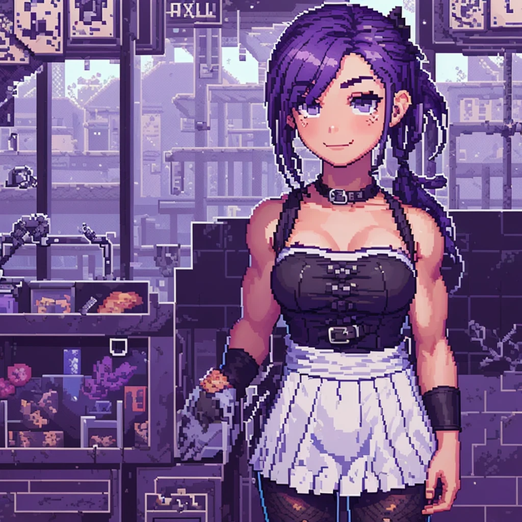 ( pixel art,:1.56), abigail from stardew valley, pixelated upper body sprite portrait from the shoulders up, pale mucular goth girl, (purple hair:1.2), enormous muscles, deltoid muscle, muscular trapezius muscle, muscular chest, abigail from stardew valley with muscle, abigail muscle mod, goth girl clothing, black chocker accesory, cute goth girl, cute smile, abigail stardew valley smile, big cute eyes, harmless eyes, reassuring eyes, pink blush, pixelated sprite, best quality, simple color palette, perfect anatomy