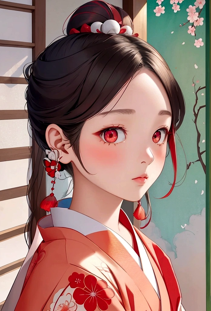 Japanese Girl、Edo Period、Illustration、anime、（kimono、Hana Katsumi、A vivid combination of vermilion and maroon、The obi is dark green with silver thread embroidery of a hail pattern.）（A peach-colored topknot with a red coral ball hairpin）、１７Year old girl、Embarrassing、Downcast eyes、Pale pastel paintings