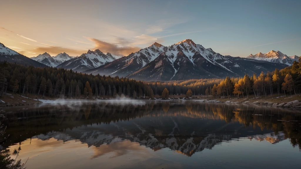 A stunning sunrise at a mountain cabin with a cup of coffee. The warm hues of the sun kiss the sky, painting it in shades of orange, pink, and gold as the light spills over the surrounding peaks. The image, most likely a photograph, captures the tranquility and beauty of the moment perfectly. The cozy cabin exudes a welcoming glow, with wisps of smoke rising from its chimney adding a touch of charm. This high-quality image transports viewers to a serene and peaceful getaway in nature, where every detail is bathed in the soft, ethereal light of dawn.