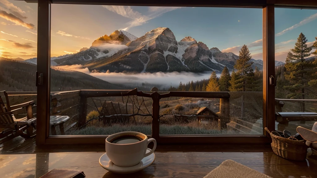 A stunning sunrise at a mountain cabin with a cup of coffee. The warm hues of the sun kiss the sky, painting it in shades of orange, pink, and gold as the light spills over the surrounding peaks. The image, most likely a photograph, captures the tranquility and beauty of the moment perfectly. The cozy cabin exudes a welcoming glow, with wisps of smoke rising from its chimney adding a touch of charm. This high-quality image transports viewers to a serene and peaceful getaway in nature, where every detail is bathed in the soft, ethereal light of dawn.