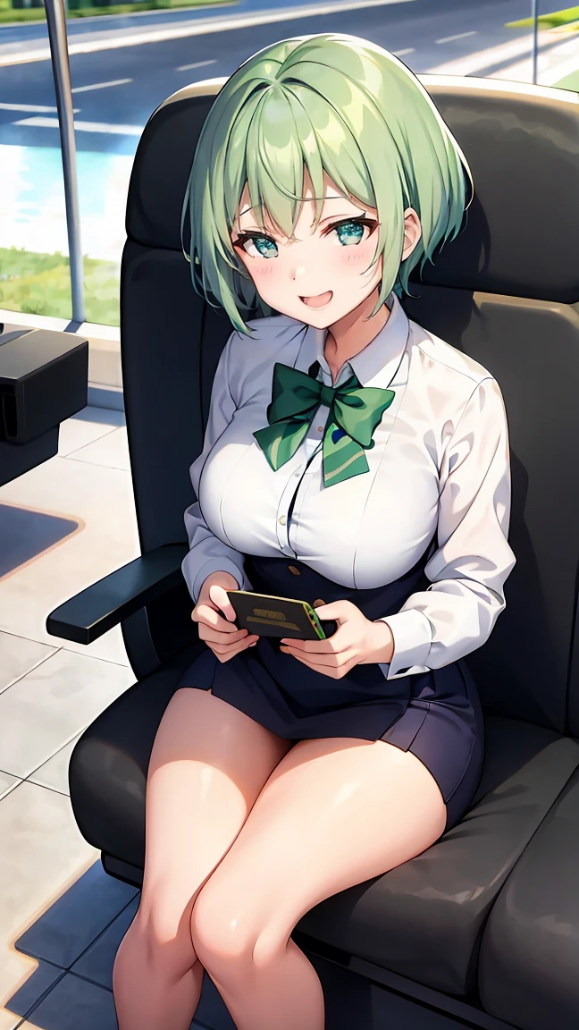 Girl with short green hair, Small size breasts,、Green Eyes, 、,Full body photo from head to toe、stewardess、airport、、A big smile、Uplifting、The best smile、Currently serving customers、work、飛行機の機内work、