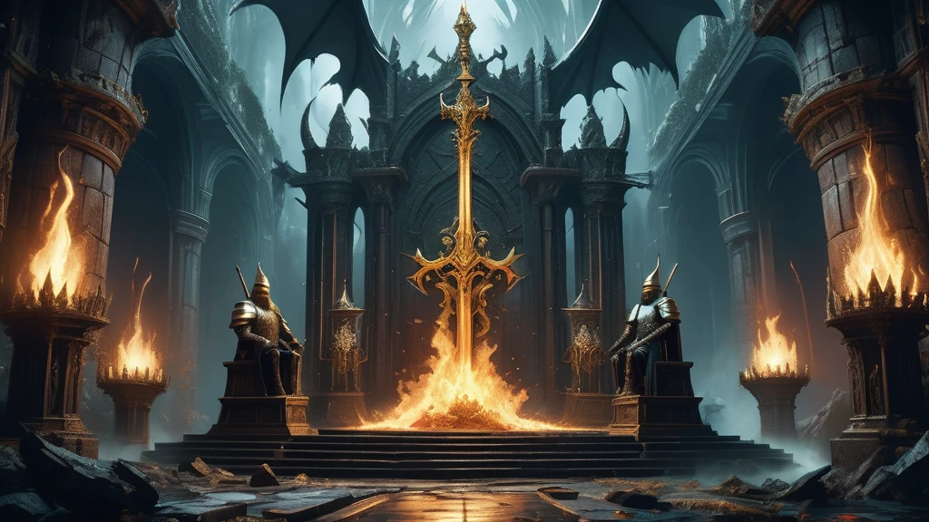 Visualize a dramatic scene amidst the ruins of an ancient castle, where three mighty kings of warring kingdoms clash in a battle of power and ambition. Each king, adorned in regal armor embellished with intricate designs of dragons and serpents, sits defiantly upon the throne of another, symbolizing their relentless quest for dominance in a realm plagued by darkness and intrigue.

The first king, with fiery red hair and a crown of forged steel, grips a sword etched with runes of ancient power, his gaze locked in a fierce stare at his rivals. His throne, crafted from obsidian and adorned with twisting vines of thorns, emanates an aura of primal fury and strength.

Opposite him, the second king, with jet-black hair and eyes that gleam like embers in the shadows, lounges upon a throne of cold marble veined with veins of glowing sapphire. His armor, a masterpiece of dark craftsmanship, reflects the cruel elegance of a ruler steeped in secrets and forbidden lore.

Between them, the third king, his blonde hair tousled by the winds of war and a mantle of ermine fur draped over his broad shoulders, sits upon a throne of ancient oak adorned with runes that pulse with faint, ethereal light. His armor, a testament to the kingdom's storied history, glints with the resilience of a ruler determined to uphold tradition and honor amidst chaos.

The castle's halls echo with the clash of steel and the roar of battle as loyal knights and fearsome warlocks clash in the name of their respective monarchs. Above, storm clouds gather, casting an ominous pall over the scene and hinting at the imminent reckoning that will determine the fate of kingdoms and the course of history in this medieval dark fantasy."