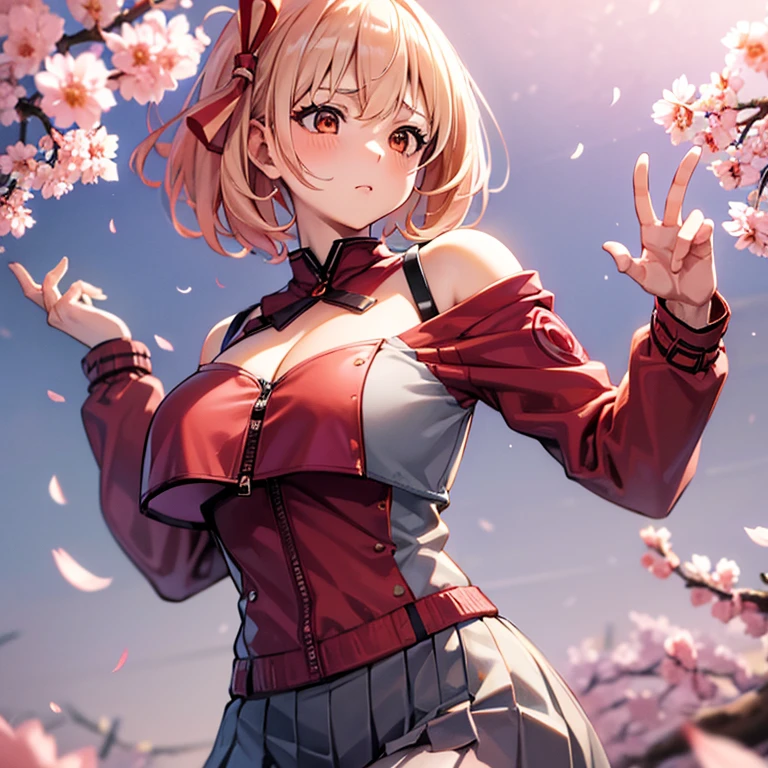 tmasterpiece， Best quality at best， 1girll， Chisato Nishikigi， Large breasts，Off-the-shoulder attire，（cleavage)，（upperbody closeup)，Raised sexy，is shy，ssmil， the cherry trees，Cherry blossoms flying，Red clothes，Zipper half