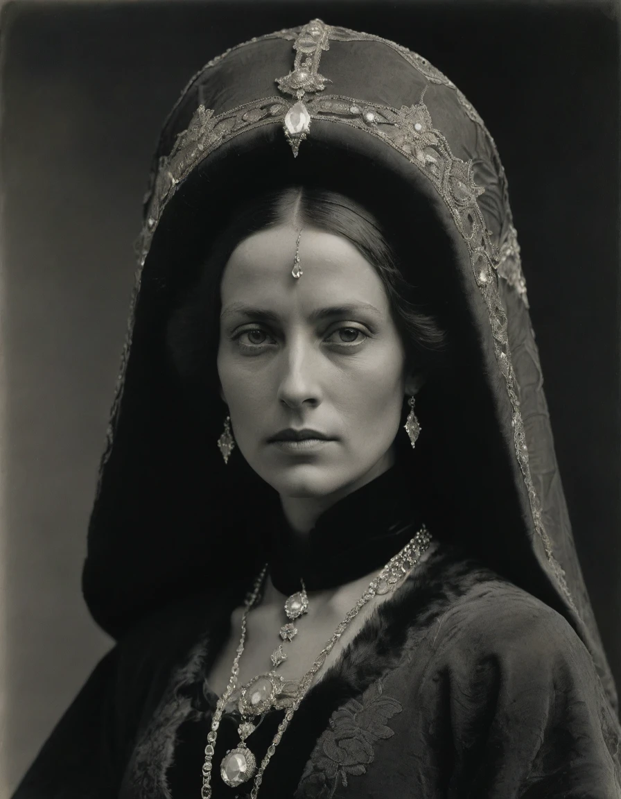 by Moebius Jean Giraud, by Caspar David Friedrich, ((((Rough monochrome, daguerreotype)))), a powerful noblewoman, bronze skin, tanned, dignified, sensual, facing viewer. She is wearing a fur hat and a face veil. She is wearing a black Byzantine caftan with Slavic elements, embroidered lozenge symbology, sashes, diamond shape pendant.