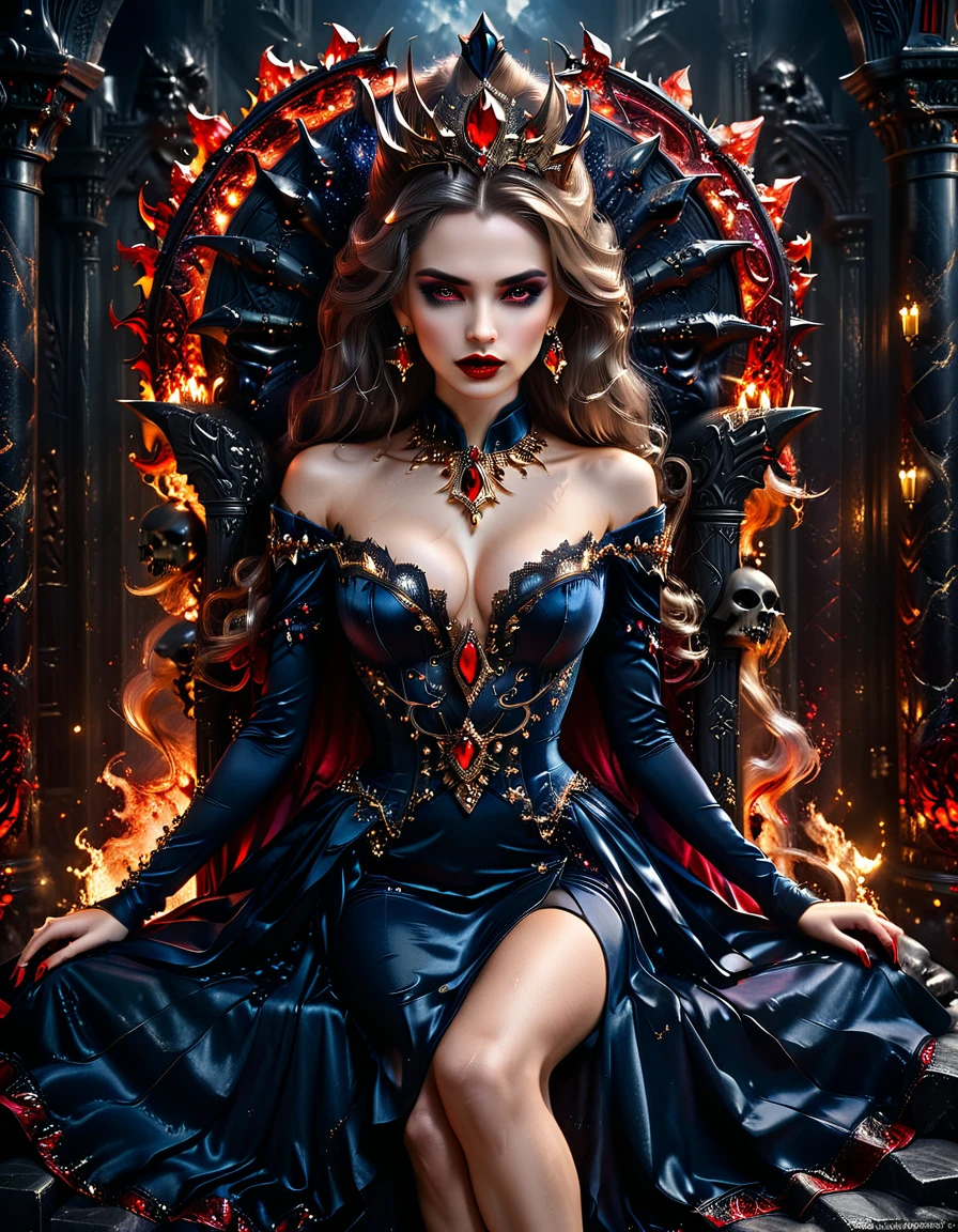 picture of a vampire queen sitting on her dark throne, a (vampire queen: 1.1) wearing dark blue dress, royal dress, glamorous dress, dynamic hair, bold intense eyes, extremely exquisite beautiful queen, perfect body, (anatomically corect: 1.3), ultra feminine, ultra detailed face, red lips, red glowing eyes, she sits on a dark frightful, a throne of fear, and might, throne carved from black marble , legendary symmetric design, with (many carvings in the marble: 1.3), skulls on the handles, decorated with rubies, and opal gems, dark fantasy hall room background, (masterpiece: 1.4) intense details, highly detailed, photorealistic, best quality, highres,16k, [ultra detailed], masterpiece, best quality, (extremely detailed), close up, ultra wide shot, photorealistic, RAW, fantasy art, dnd art, fantasy art, realistic art,((best quality)), ((masterpiece)), (detailed: 1.5), ladyshadow, RagingNebula