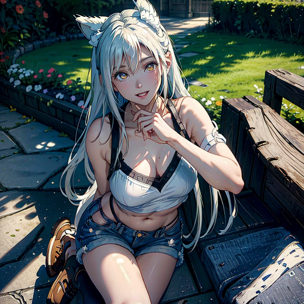 Girl with dog ears and tail, erect ears, honey yellow eyes, Highly detailed eyes, long hair and(((( White)))) with a small braid on the sides, denim shorts, translucent and low-cut blouse, whole body, looking up, open mouth smile, big chest, beautiful body, detailed face y con amplia gama de gestos, sitting on a bench around a garden with flowers of various colors, detailed background, detailed face, Play of light and shadows, cinematographic, high quality, 8k, Masterpiece, 