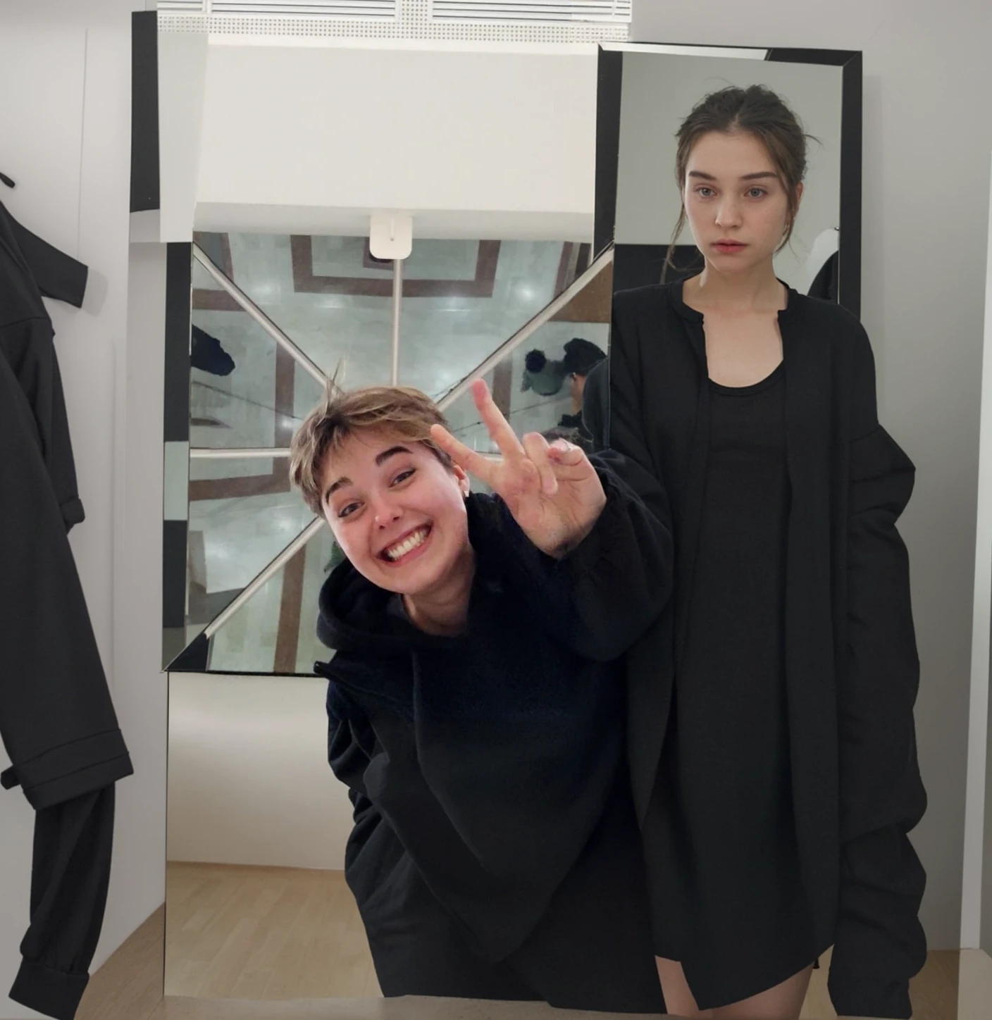 In a mirror place, i am wearing black clothes