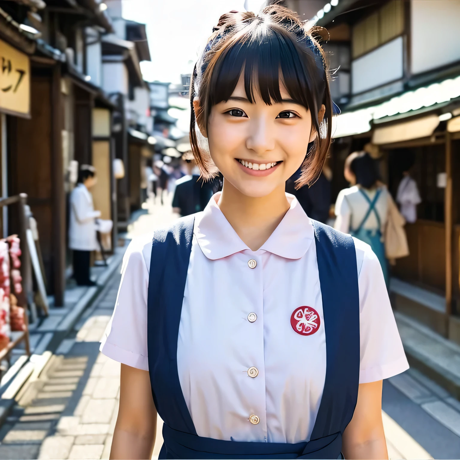 Please generate a video of a 24-year-old Japanese woman working at a travel agency showing people around Kyoto.。A kind smile、Short Hair、Beautiful Skin、The season is early summer、Short-sleeved uniform、A large number of tourists can be seen in the background in Kamigyo Ward, Kyoto.。
