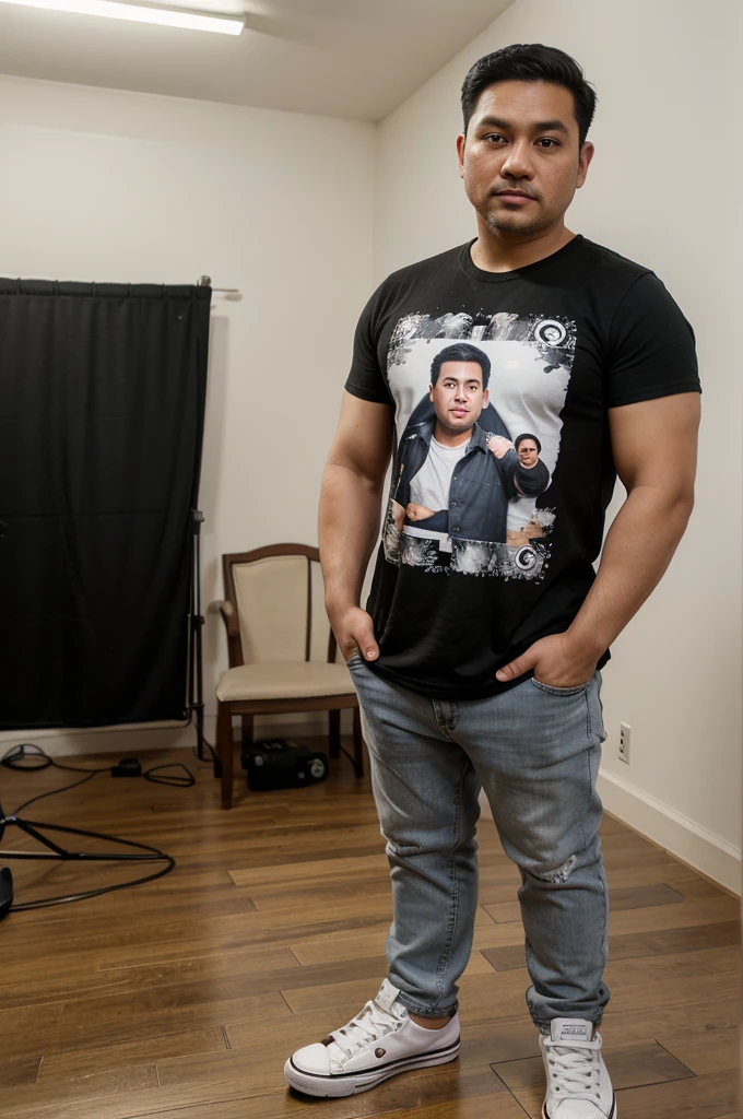 Real realistic 4D caricature photo, big head, full body,an adult man with an Indonesian face, 30 years old, clean face, round face, slightly chubby body, Neatly undercut short black hair , flannel patterned shirt black, inside a white t-shirt that says " BANG SOHIB" ,faded jeans, black and white Converse shoes,standing pose facing the front while holding a Canon DSLR 6D camera, In the background in the photo studio there is camera and video equipment.