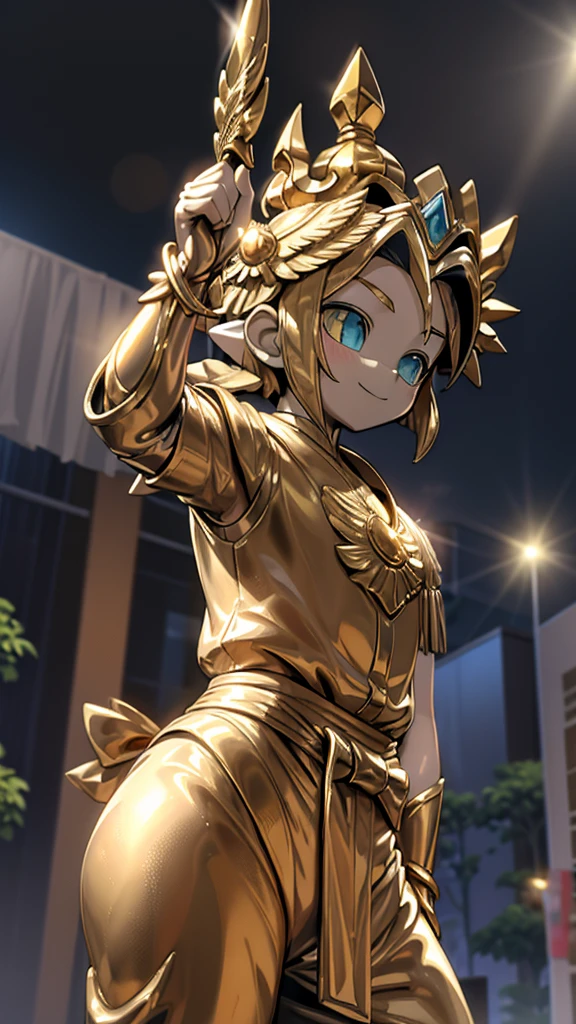 一个男孩的Gold statue旁边停着一只燕子。王子的Gold statue，Prince style，Prince costume，Court dress，Gold statue，男孩的Gold statue，cute boy，femboy，带着黄金冠冕的Gold statue，脚边停着一只燕子的Gold statue，Golden Boy Statue，Gold statue，Cute boy，British style，Victorian style，crown，crown，Golden Boy Sculpture，Golden Boy Statue，Gold statue，佩剑的Gold statue，腰带上挂着配剑的Gold statue，Cute boy，The sword hangs on the waist，A sword hangs from his waist，Hand on the sword at the waist，shota，Cute boy，Cute boy，Moe，Giant golden statue，Giant golden statue，Outdoor Background，Smiling statue，Close-up above the waist镜头，Upper body close-up，Close-up above the waist